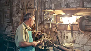 Mann bastelt an einer L ampe